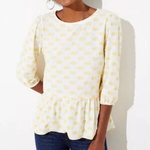 XL LOFT White Peplum Top w/ Yellow Textured Dots
